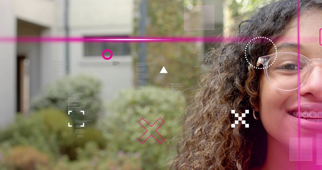 Smiling teen wearing clear glasses and braces with magenta tech overlay and copy space