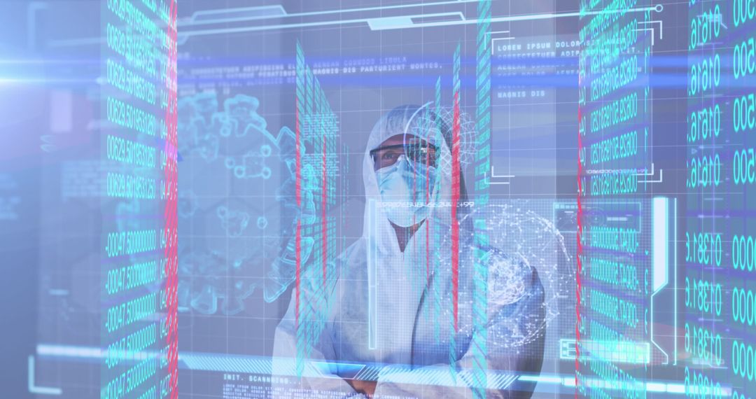 Caucasian Doctor in PPE with Futuristic Data Overlay on Virus Cells