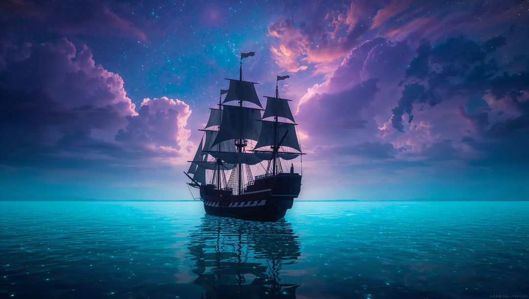 Majestic Sailing Ship on Calm Ocean at Dusk