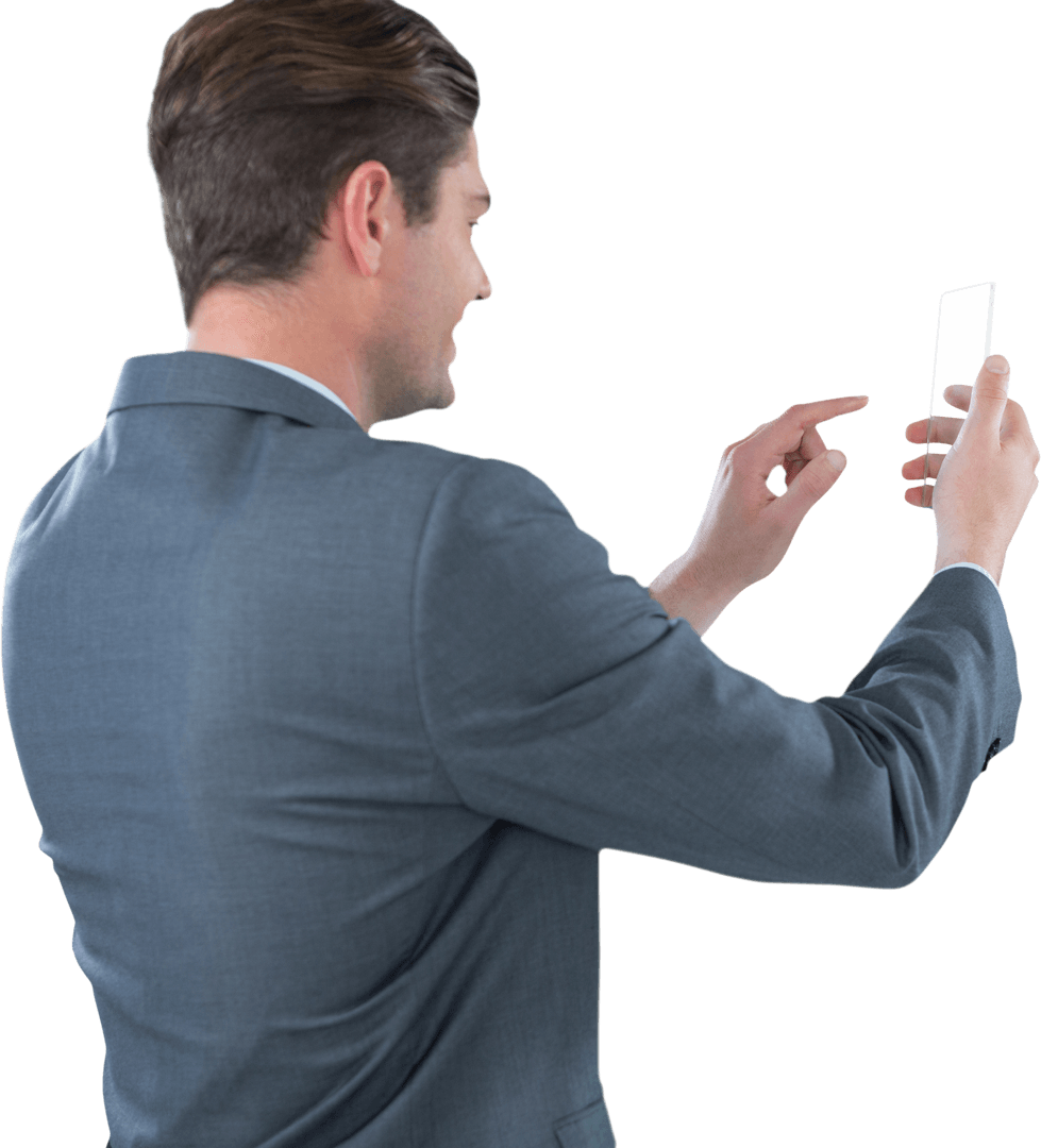 Businessman Using Transparent Smartphone Facing Right