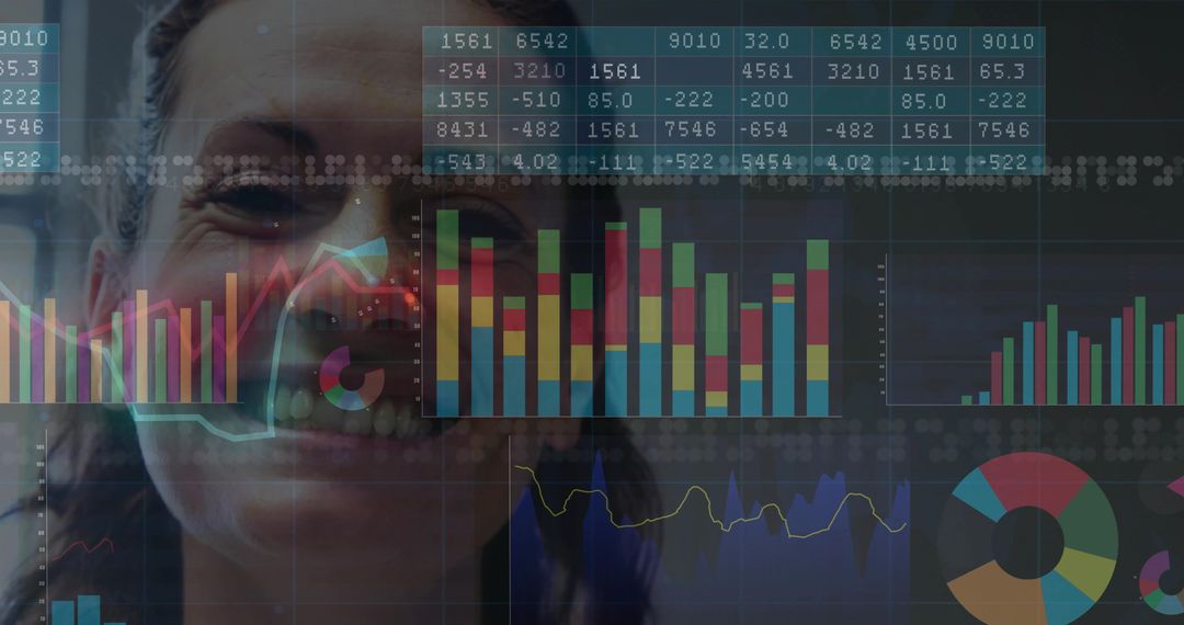 Smiling Woman Behind Digital Financial Analytics Interface