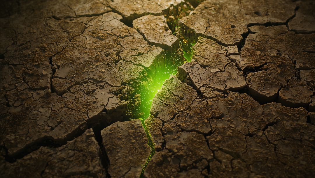 Emerald Glow Emitting from Cracking Parched Soil Fissure with Floating Luminous Sparks