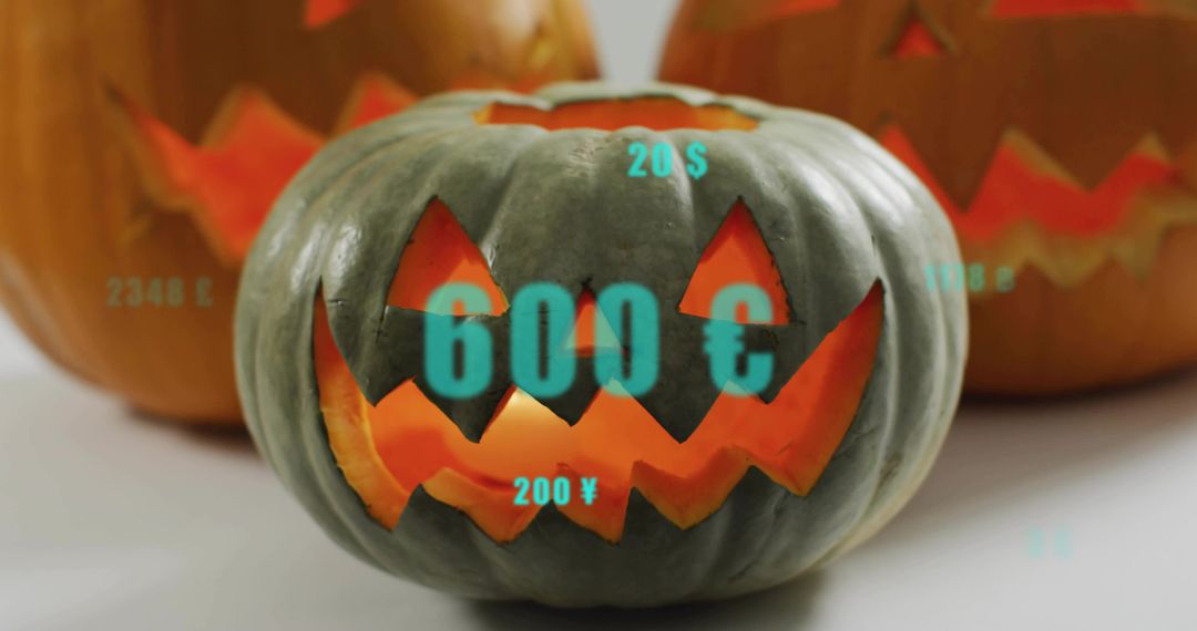 Glowing Jack-o-lantern with Teal Currency Overlays Representing Augmented Finance with AR