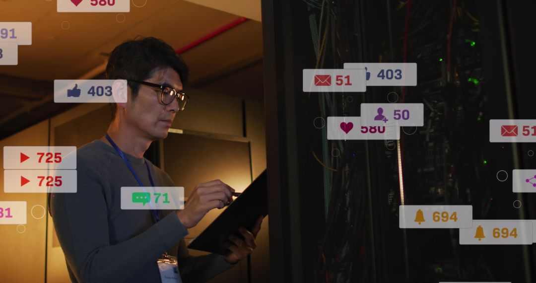 Engineer Analyzing Data Centers Amid Digital Networking Icons