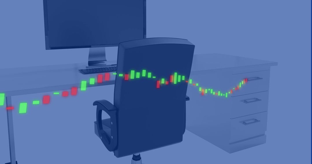 Digital Finance Overlay With Computer and Desk in Modern Office