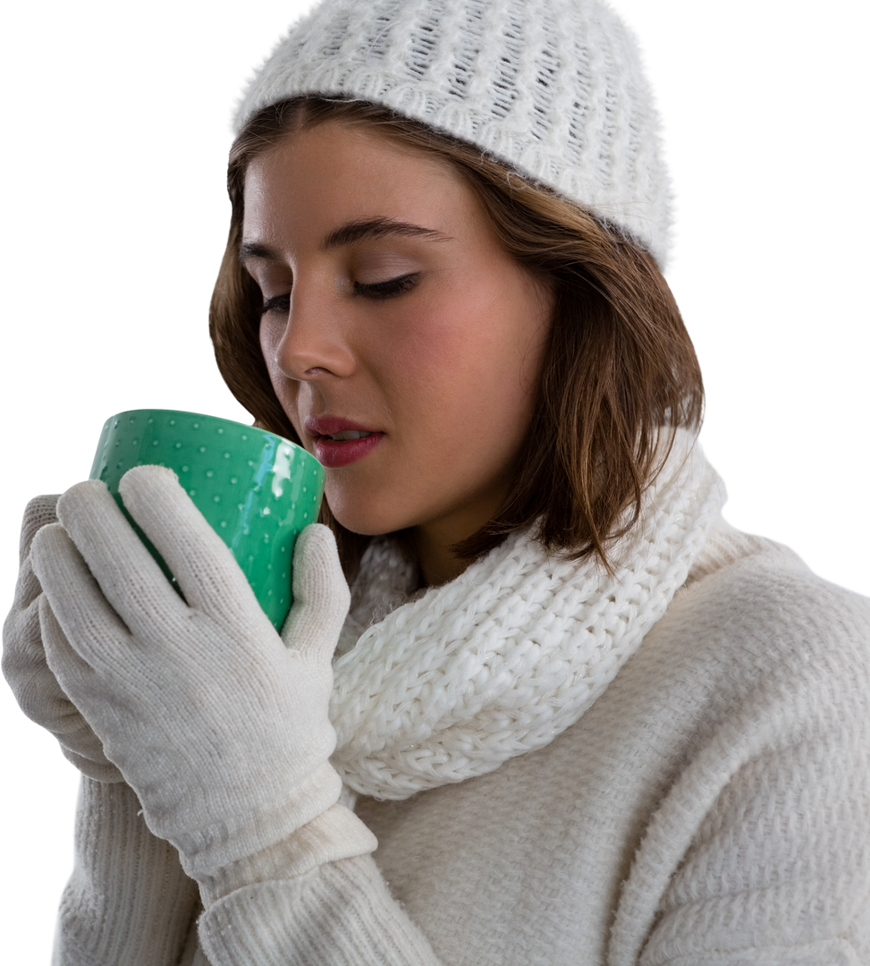 Woman in Transparent Warm Clothing Enjoying Coffee Close-up - Download Free Stock Images Pikwizard.com