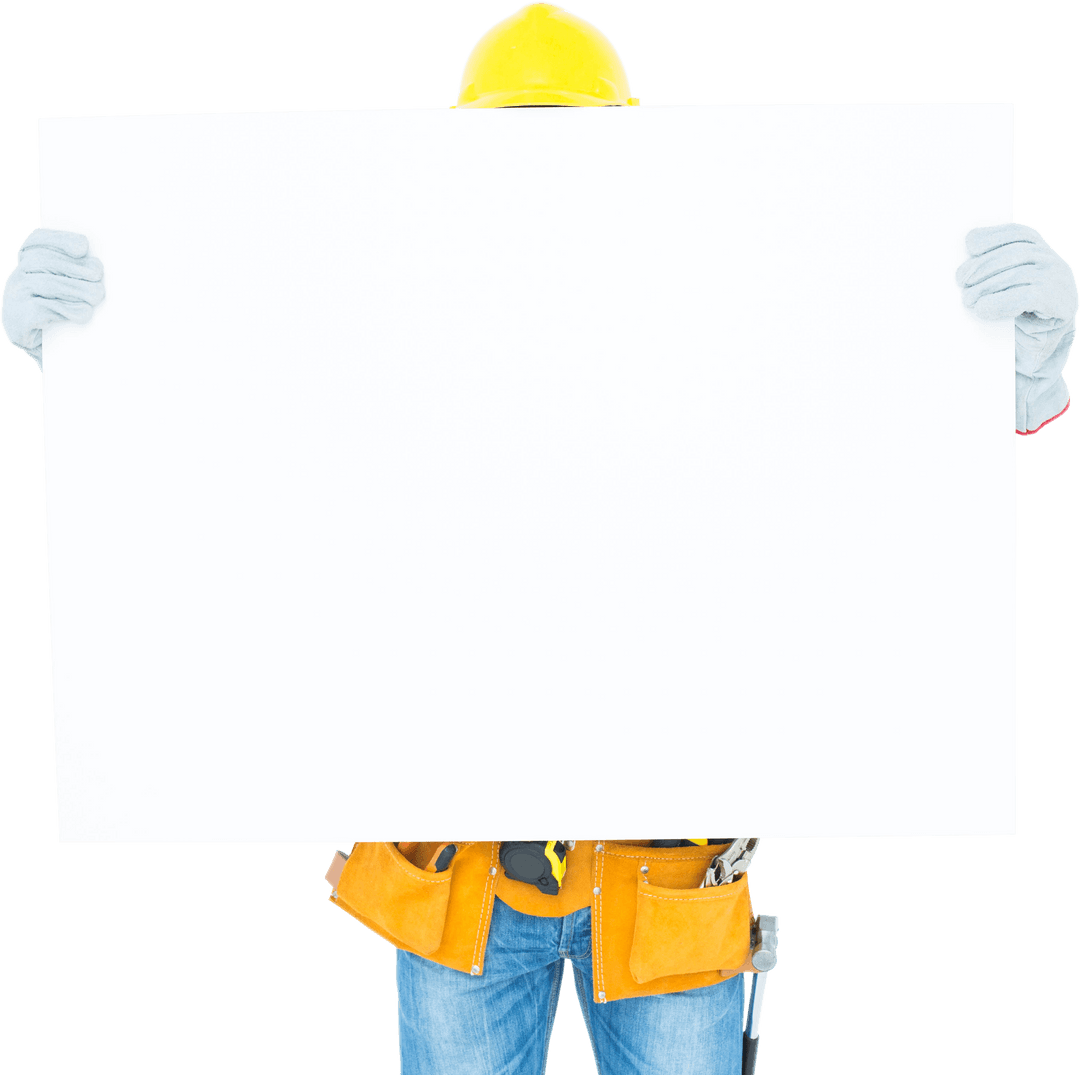 Construction Worker Presenting Blank Transparent Board with Safety Gear