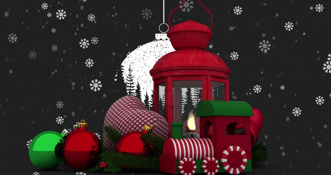 Festive Christmas Lantern with Baubles and Train in Snow