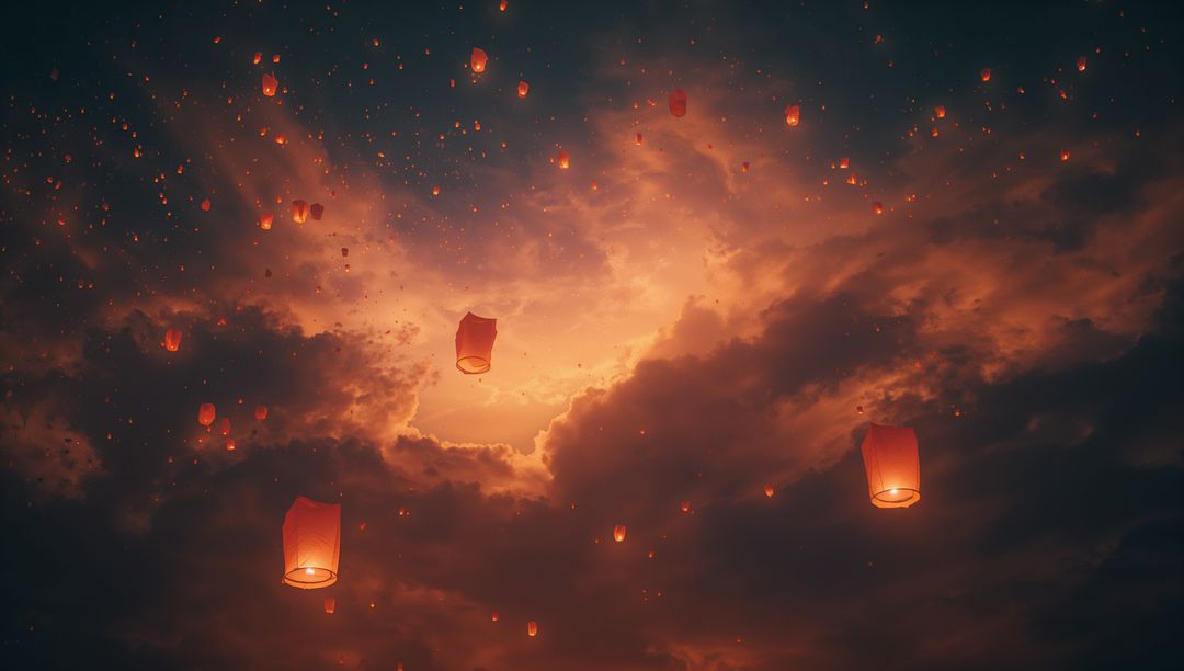 Luminous Paper Lanterns Floating in a Twilight Sky