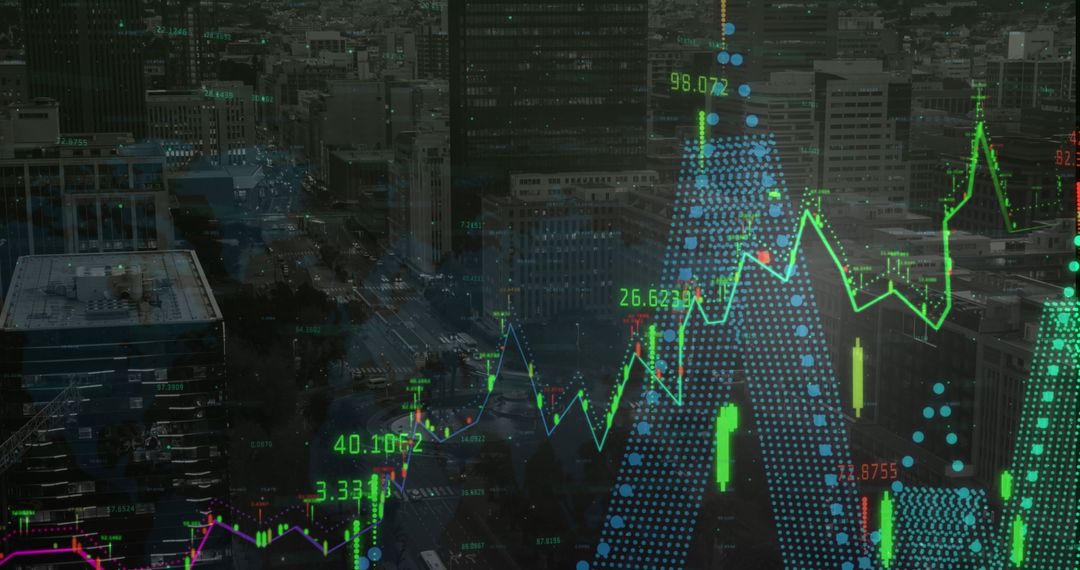 Data Analytics Overlay on Cityscape with Rising Charts