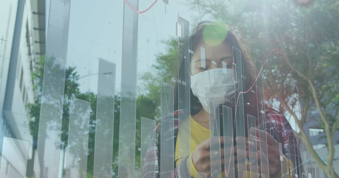 Business Analyst Wearing Mask Analyzing Data on Digital Graph