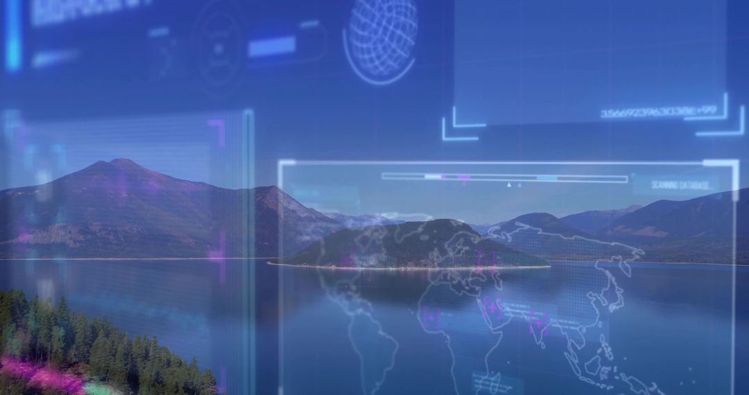 Futuristic Digital Technology Overlays on Tranquil Mountain Lake