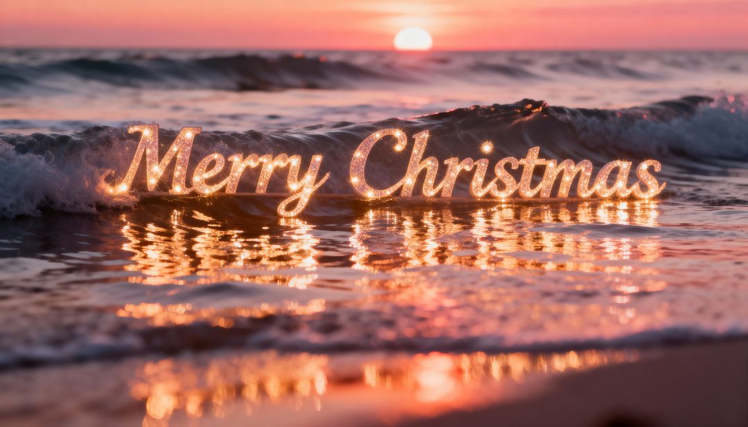 Glowing Merry Christmas Lights Casting Warm Reflections on Beach Sunset