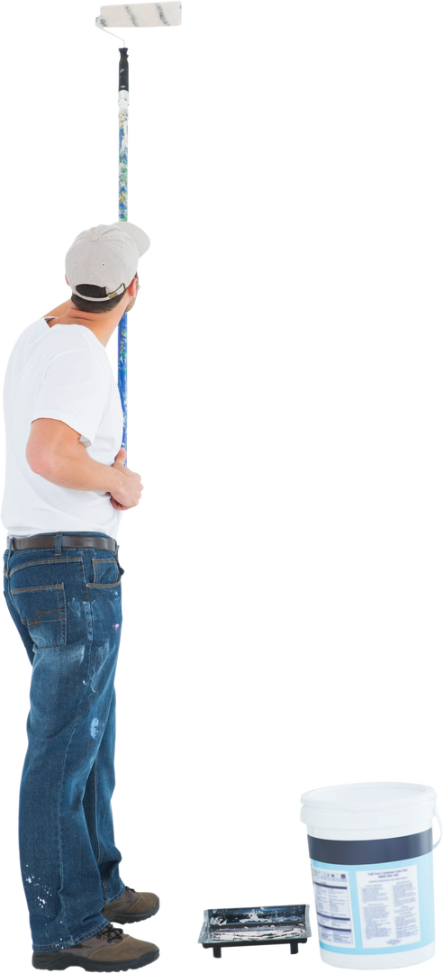 Man Painting Ceiling Using Paint Roller on Transparent Background - Download Free Stock Images Pikwizard.com