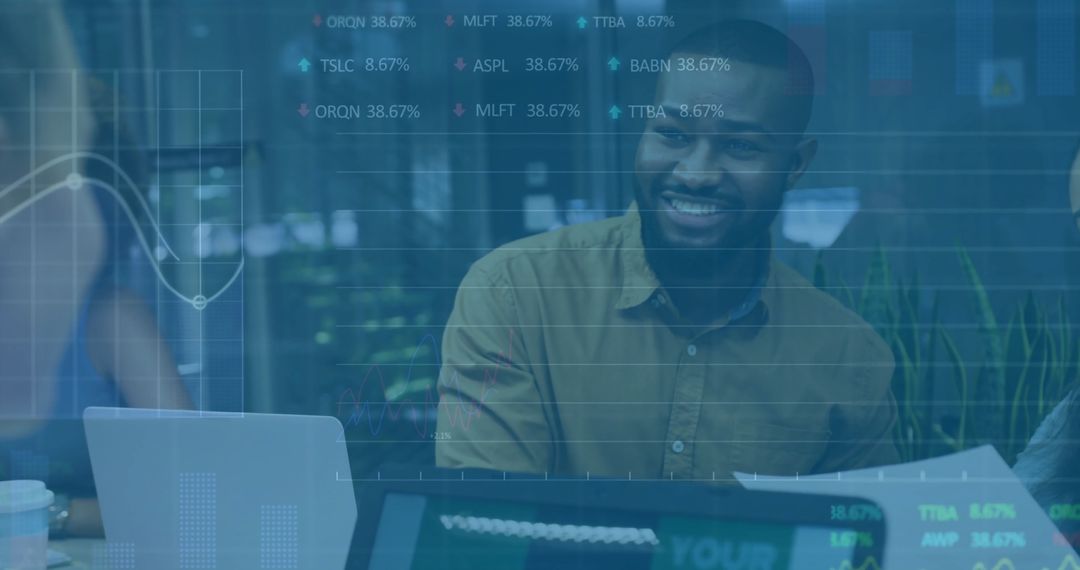 Business Professionals Discussing Financial Data with Technology Overlay