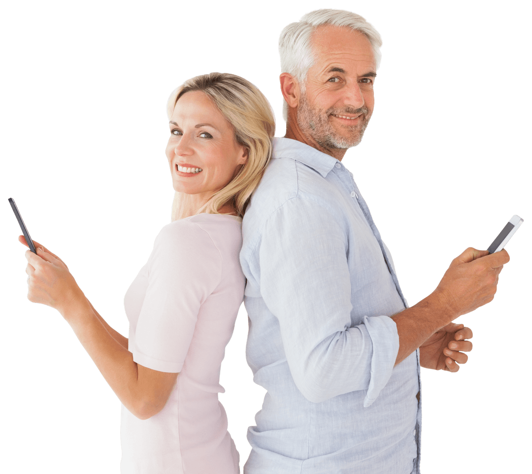Smiling Senior Couple Holding Smartphones Back to Back Transparent