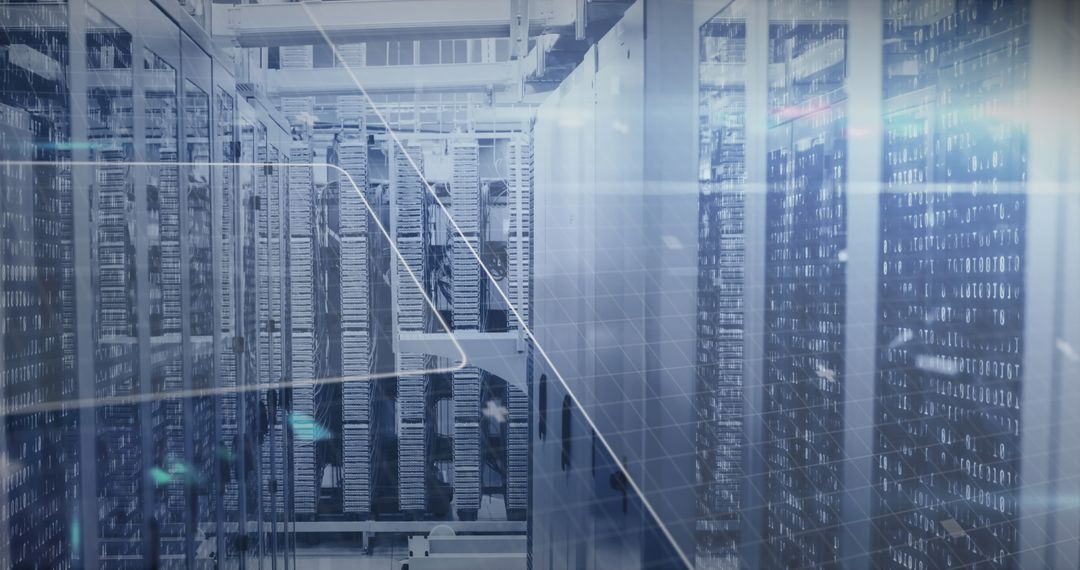 Modern Server Room with Digital Overlay Display