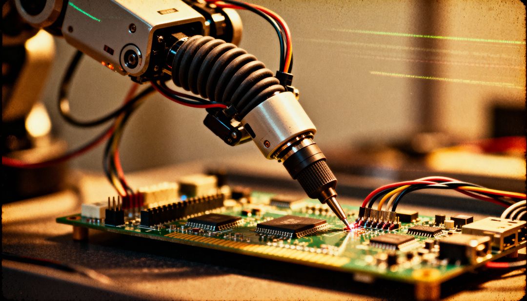 Robotic soldering arm performing precision soldering on PCB circuit board with wiring macro shot