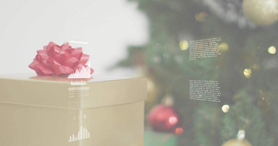 Matte gold gift box with glossy red bow sitting beside Christmas tree with bokeh lights