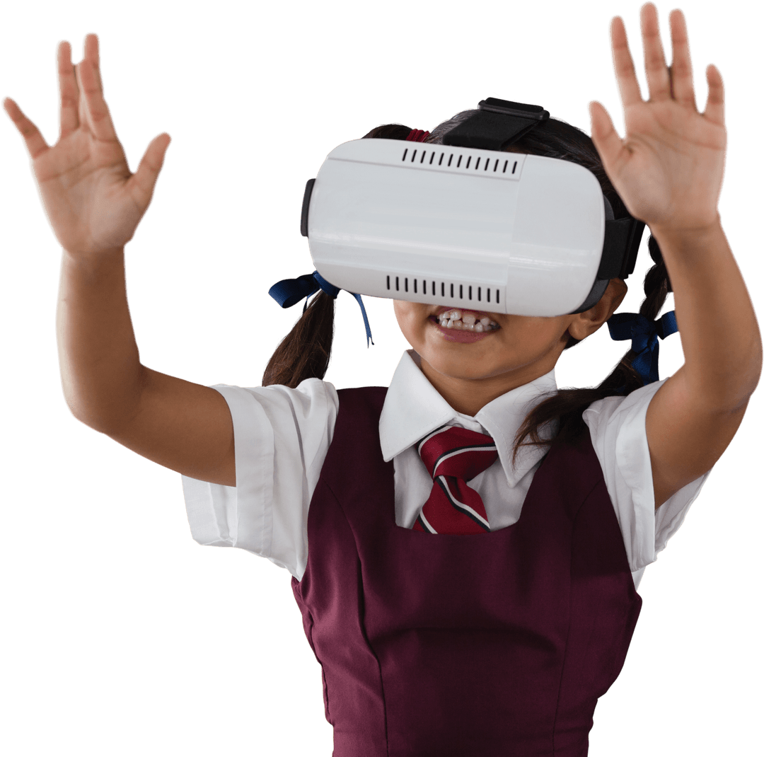 Smiling Schoolgirl Engaging with Virtual Reality Over Transparent Background