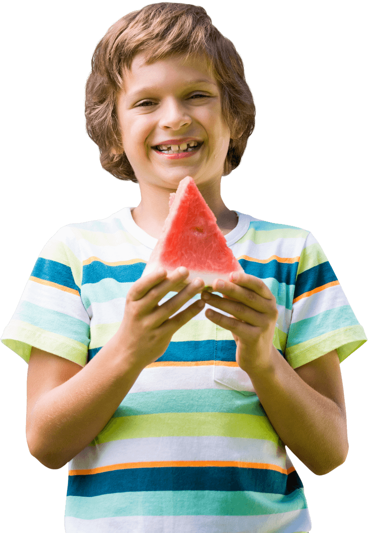 Smiling Boy Holding Sliced Watermelon - Transparent Background