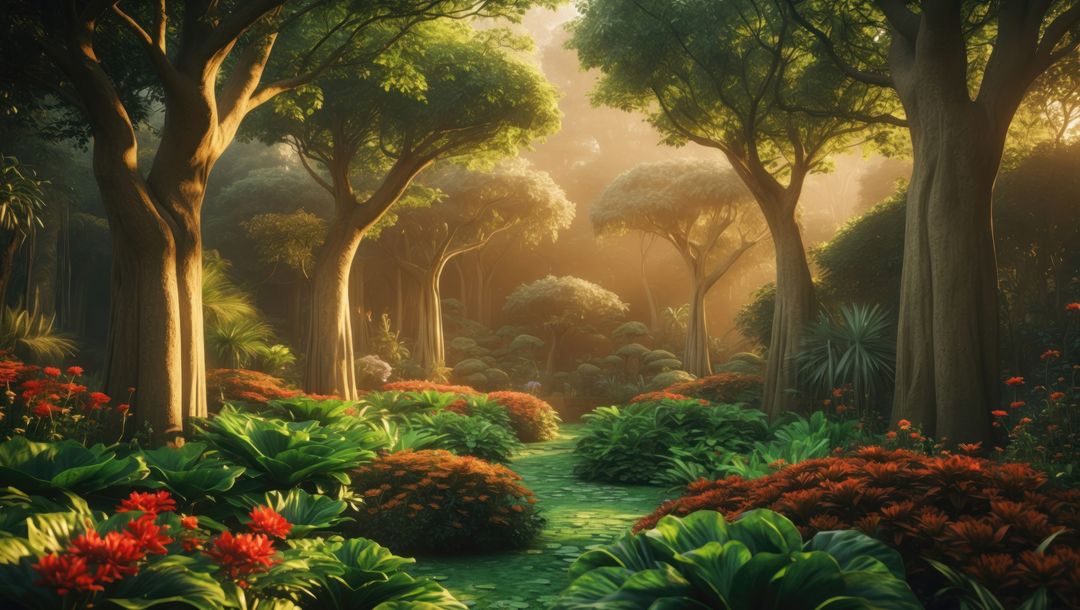 Enchanting leafy path through sunlit forest, garden of eden concept
