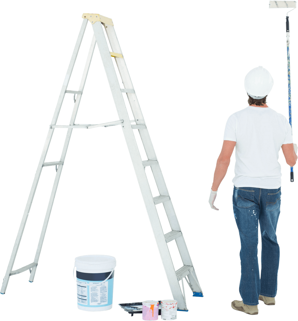 Transparent Worker Painting Wall Near Ladder