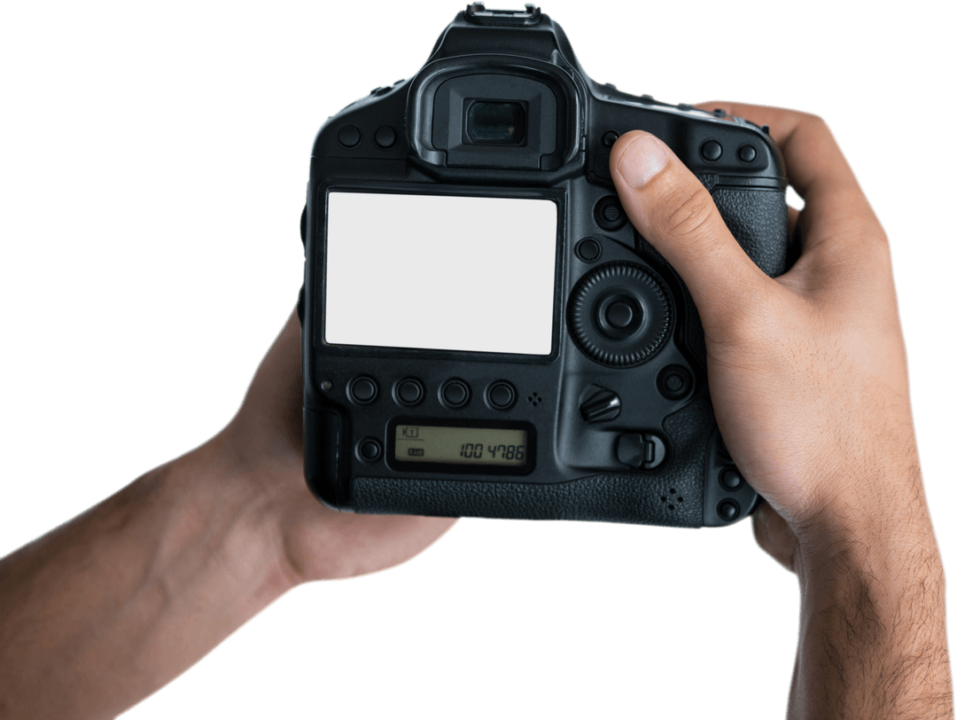 Close-Up of Hands Holding Digital Camera with Transparent Screen