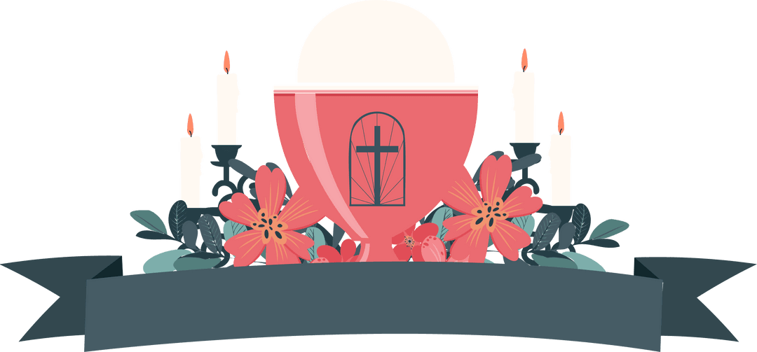 Transparent Red Chalice with Cross Emblem, Wafer, and Candles