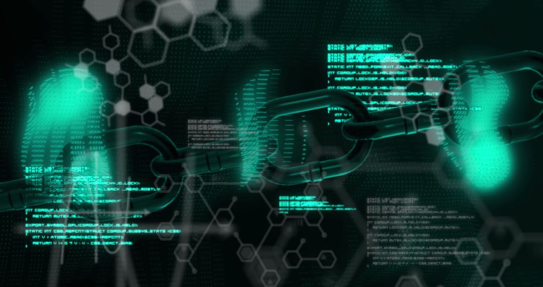 Blockchain Technology with Glowing Chains and Data Codes