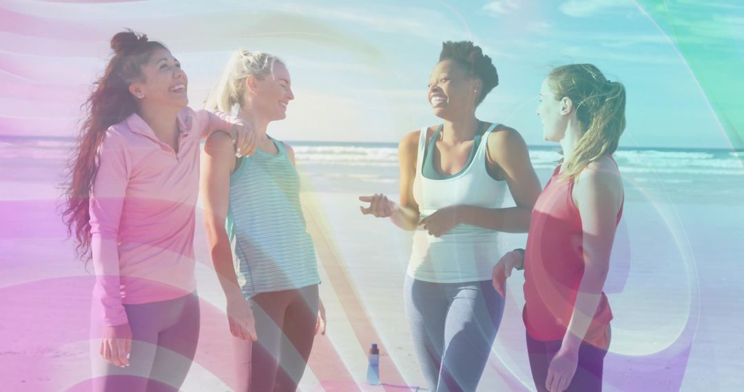 Four Friends Enjoying Beach Workout and Lively Conversation