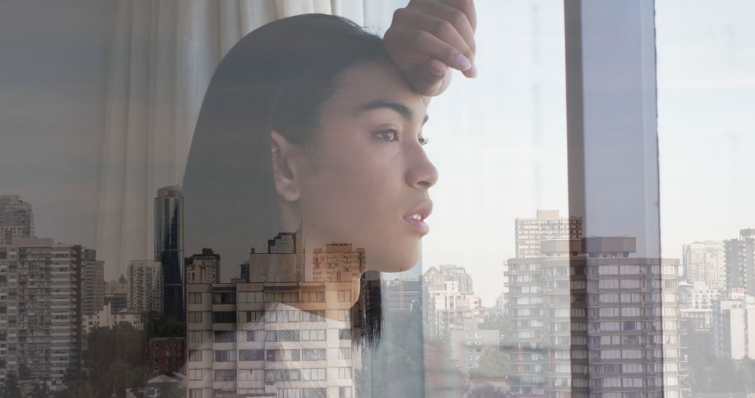Composition of biracial woman looking out of window and cityscape - Free Images, Stock Photos and Pictures on Pikwizard.com