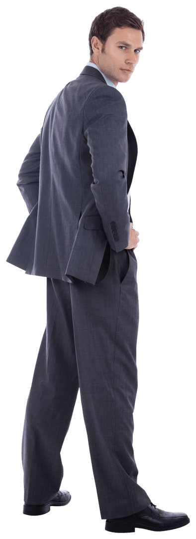 Serious Businessman in Gray Suit with Hands on Hips Transparent Background