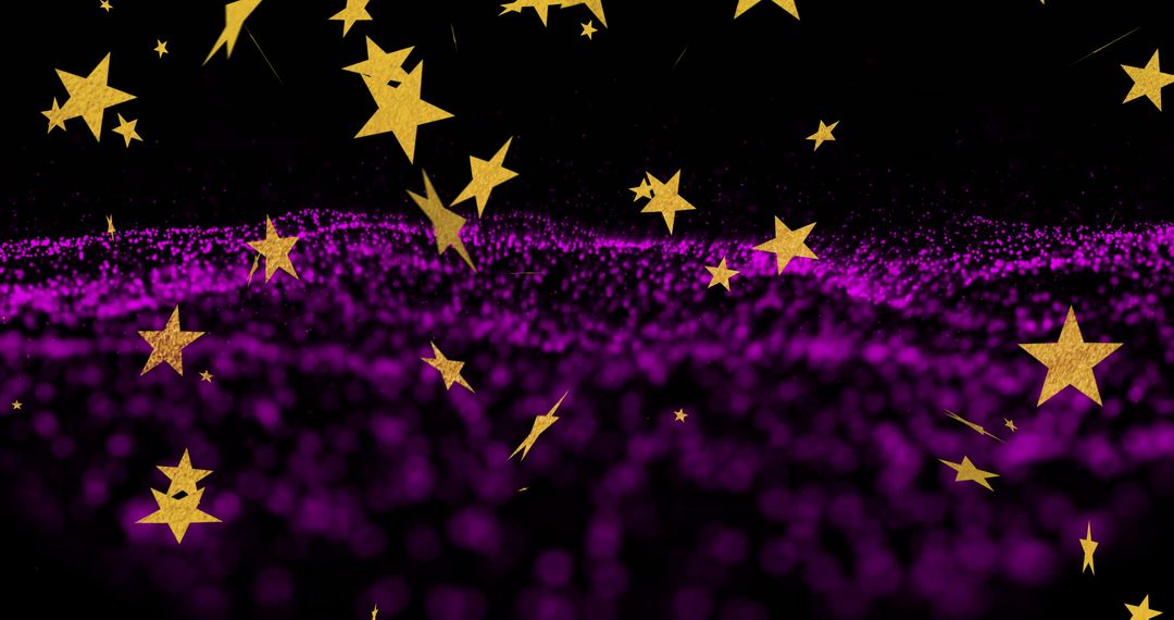 Floating Gold Stars Hovering Over Vibrant Purple Particle Wave