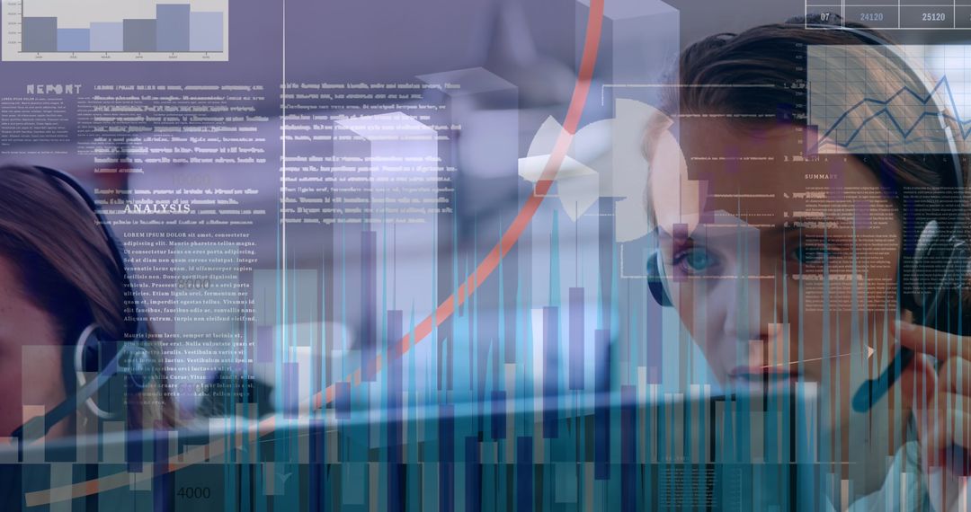 Business Professionals Analyzing Data with Tech Interface Overlays