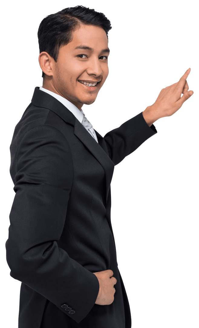 Smiling Confident Businessman Gesturing on Transparent Background