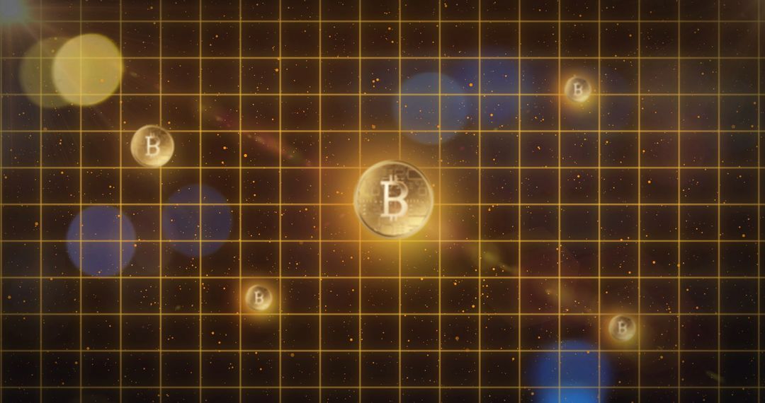 Bitcoin Symbols Over Starry Space with Grid Imagery
