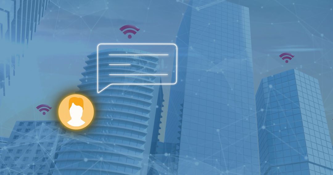 Futuristic City with Neon Chat Bubble and Connectivity Icons