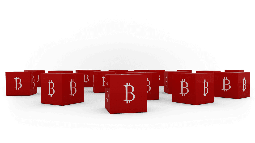 Transparent Red Cubes with Bitcoin Symbols on All Sides