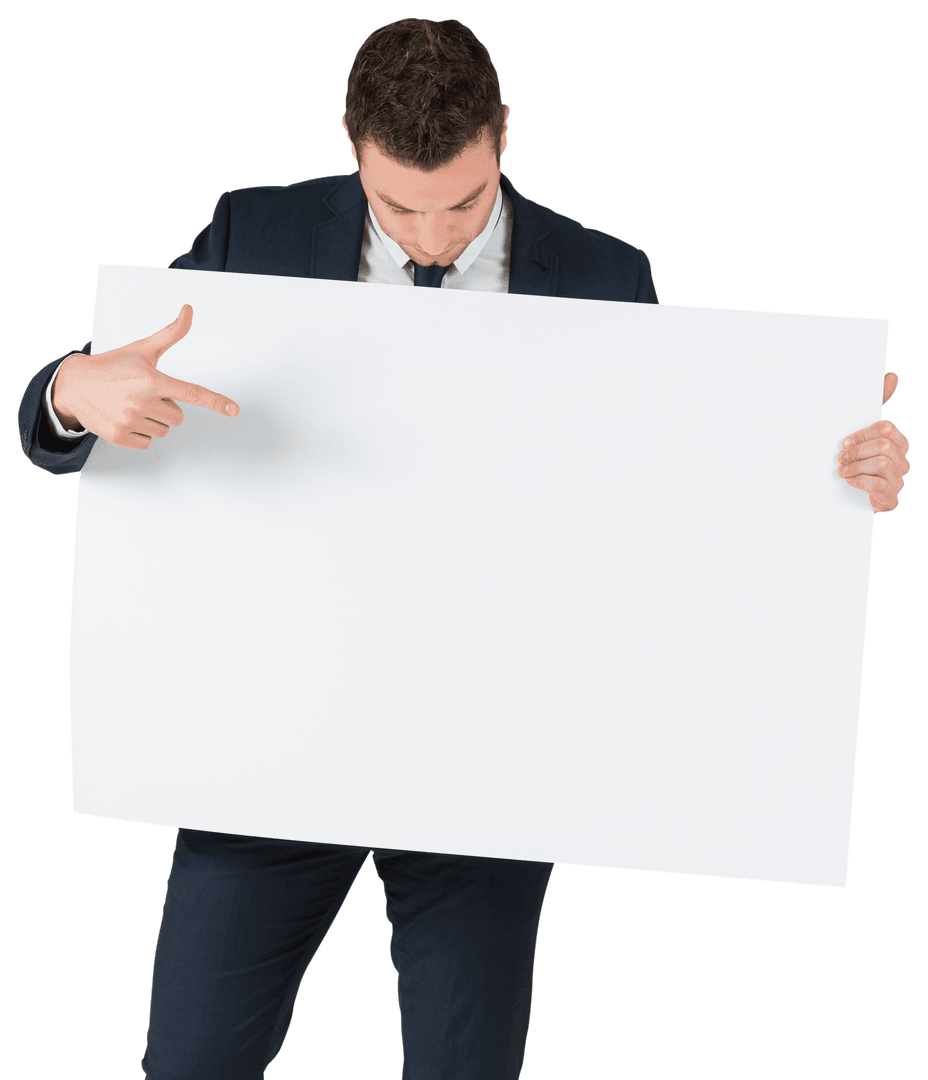 Businessman Presenting Blank Card on Transparent Background