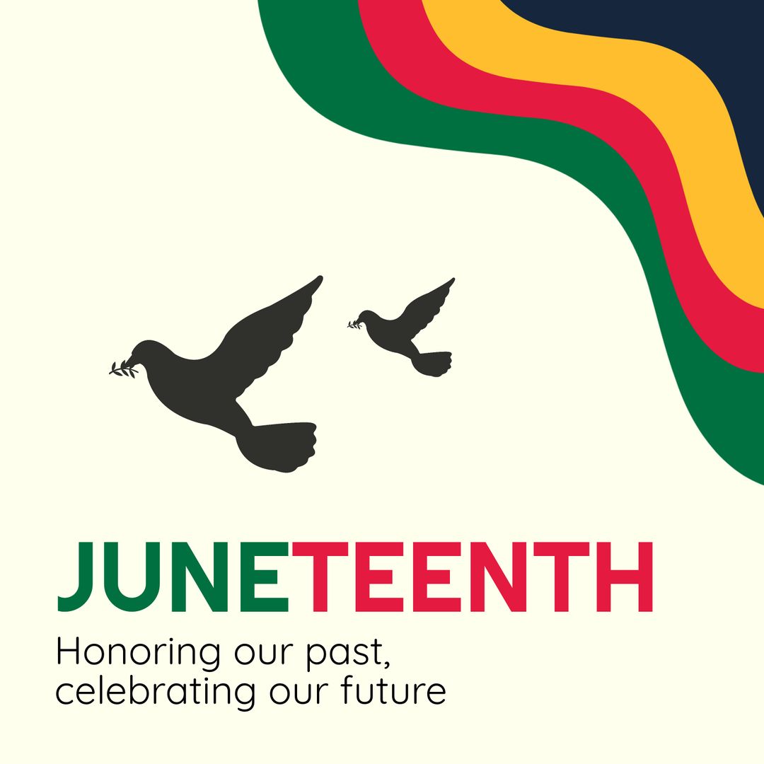 Juneteenth Celebration Graphic with Doves and Translated Color Waves
