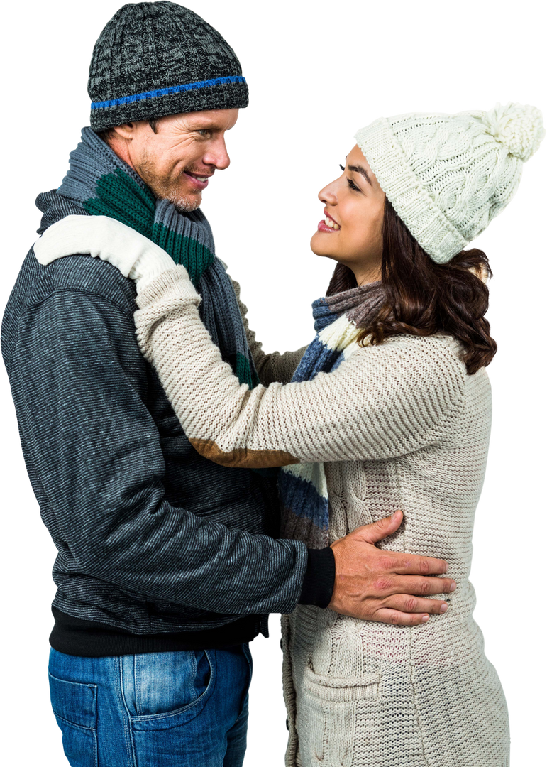 Festive Couple Smiling in Warm Winter Clothes on Transparent Background - Download Free Stock Images Pikwizard.com