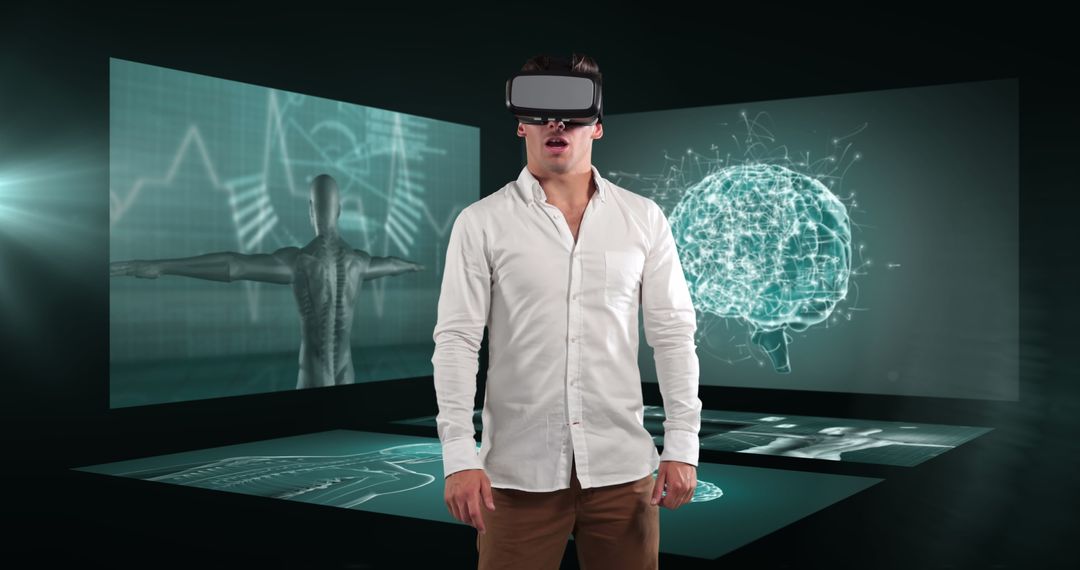 Businessman Using VR Headset with Medical Data Displays