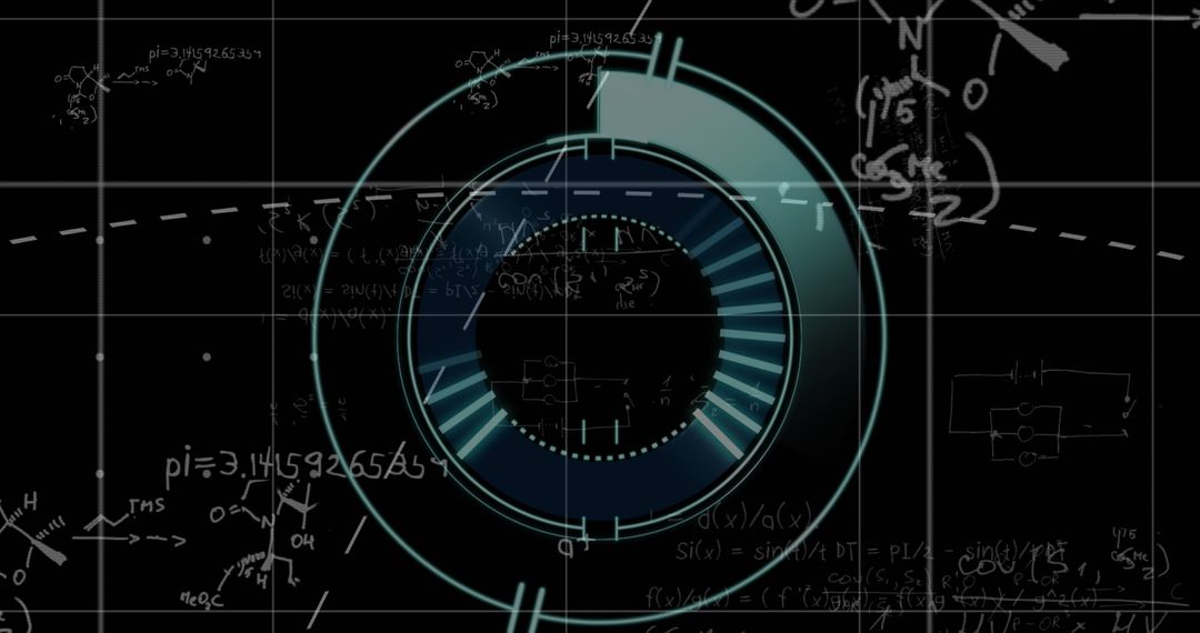 Futuristic Interface with Central HUD and Chemical Sketches