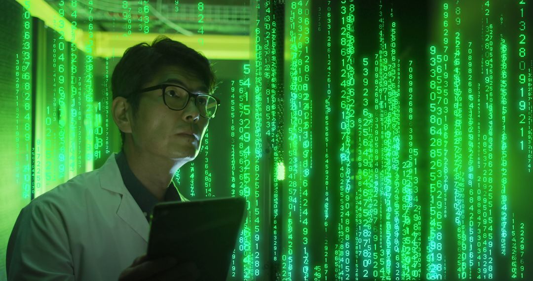 Businessman Utilizing AI Technology in Data-Driven Server Room