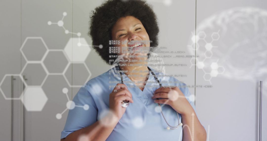 Smiling Nurse with Medical Icons and Data Overlay