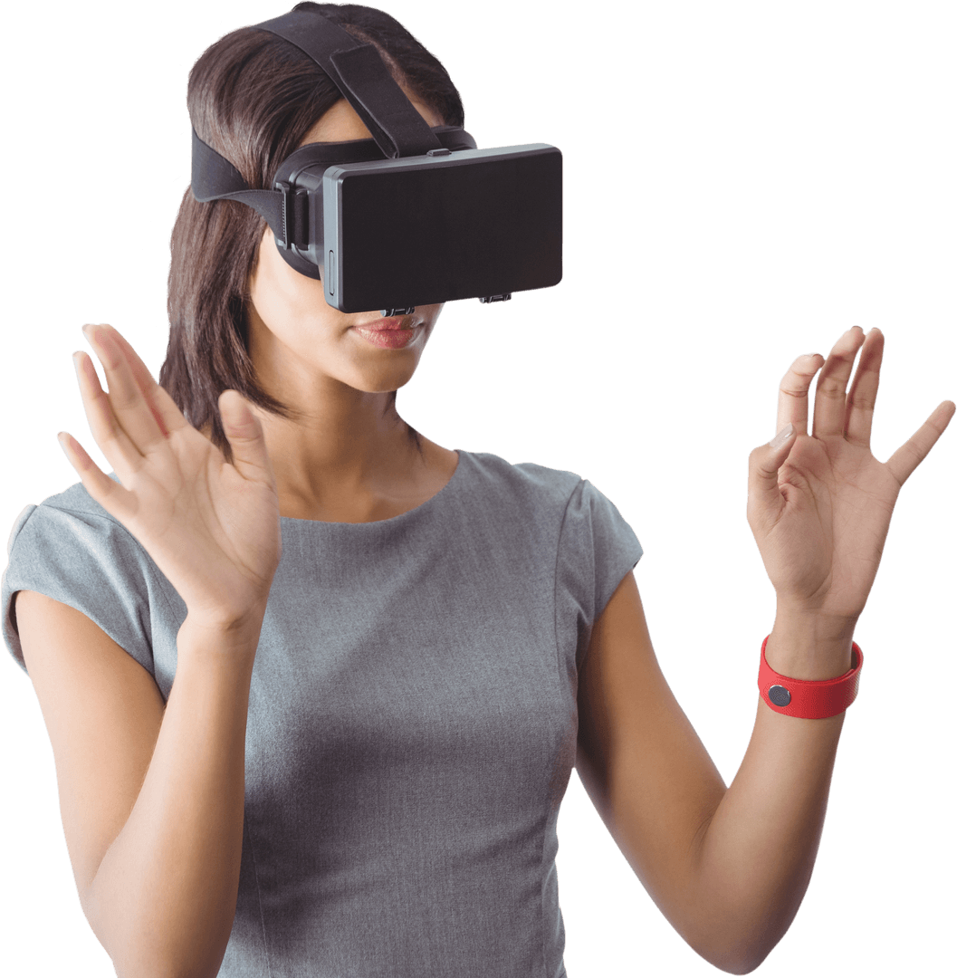 Woman Using VR Headset on Transparent Background