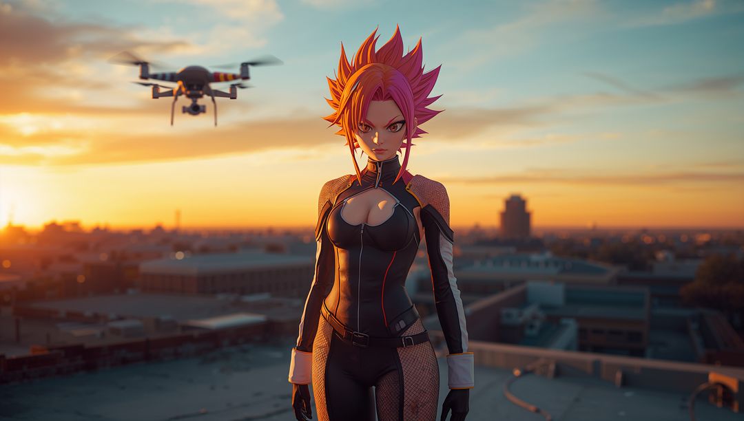 Anime woman agent standing on rooftop at sunset with hovering drone and tactical gear