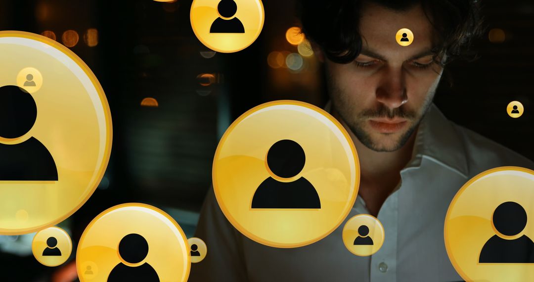 Businessman Surrounded by Digital User Icons Analyzing Data