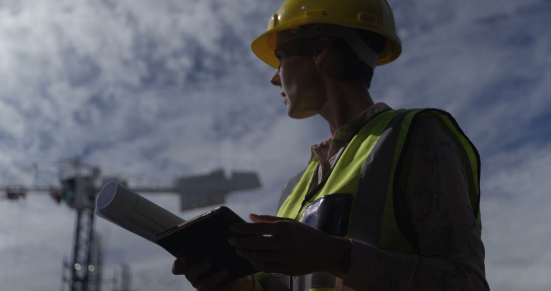 Construction Foreman Holding Blueprints at Construction Site Silhouette - Free Images, Stock Photos and Pictures on Pikwizard.com